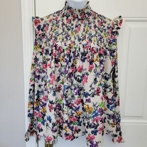 French Connection Ruffled Floral Print Blouse Smocked High Neck Size Small